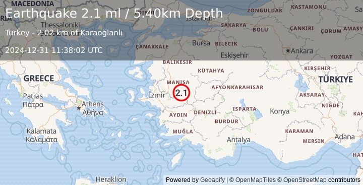 Earthquake WESTERN TURKEY (2.1 ml) (2024-12-31 11:38:02 UTC)