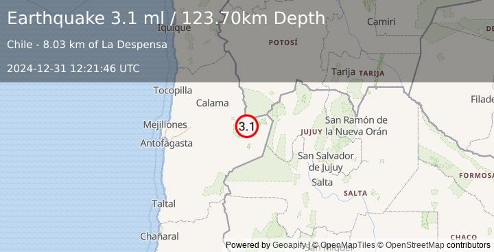 Earthquake ANTOFAGASTA, CHILE (3.1 ml) (2024-12-31 12:21:46 UTC)