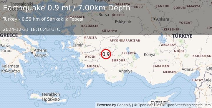 Earthquake WESTERN TURKEY (0.9 ml) (2024-12-31 18:10:43 UTC)