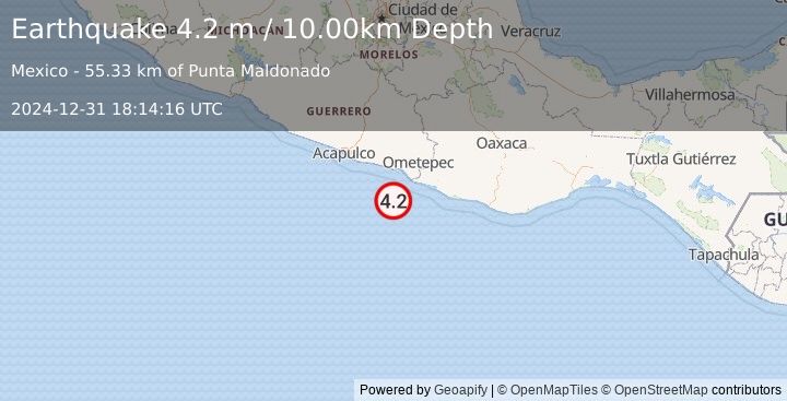 Earthquake OFFSHORE GUERRERO, MEXICO (4.2 m) (2024-12-31 18:14:16 UTC)