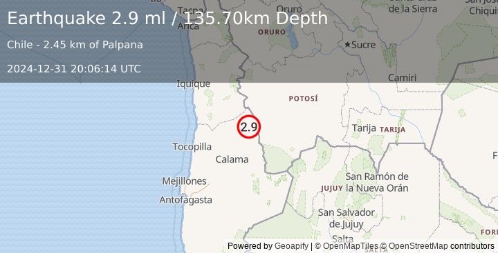 Earthquake ANTOFAGASTA, CHILE (2.9 ml) (2024-12-31 20:06:14 UTC)