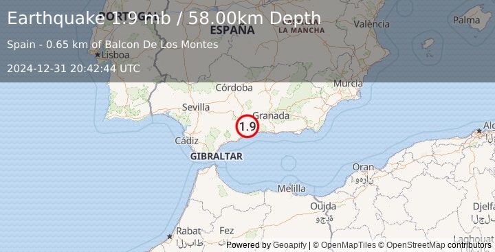 Earthquake STRAIT OF GIBRALTAR (1.9 mb) (2024-12-31 20:42:44 UTC)