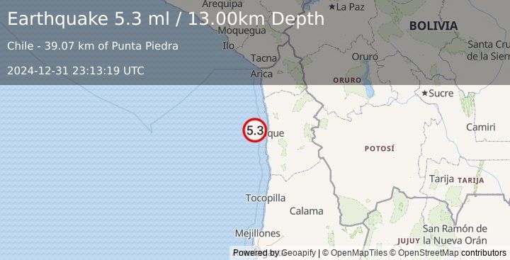 Earthquake OFFSHORE TARAPACA, CHILE (5.3 ml) (2024-12-31 23:13:19 UTC)