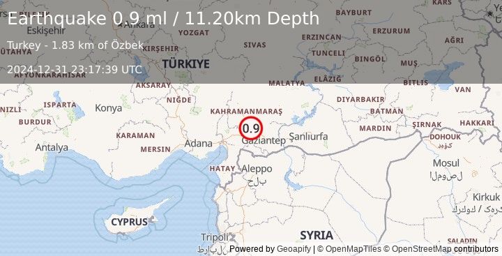 Earthquake CENTRAL TURKEY (0.9 ml) (2024-12-31 23:17:39 UTC)