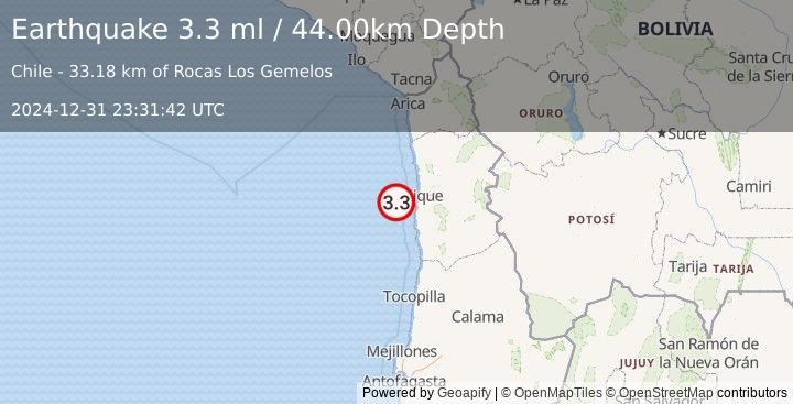 Earthquake OFFSHORE TARAPACA, CHILE (3.3 ml) (2024-12-31 23:31:42 UTC)