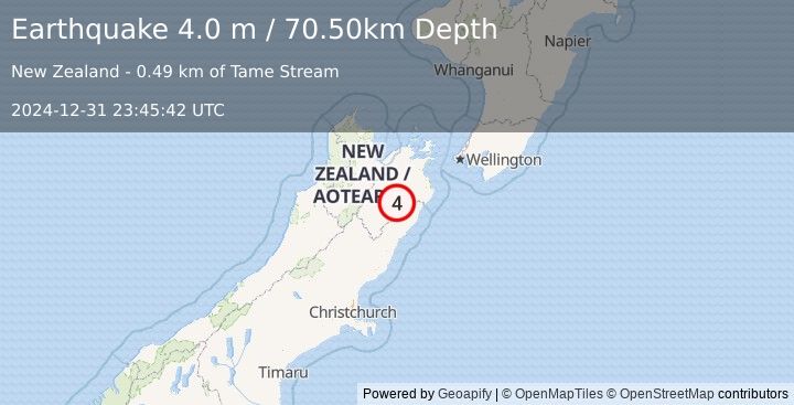 Earthquake SOUTH ISLAND OF NEW ZEALAND (4.0 m) (2024-12-31 23:45:42 UTC)