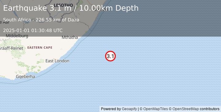 Earthquake OFF COAST OF SOUTH AFRICA (3.1 m) (2025-01-01 01:30:48 UTC)