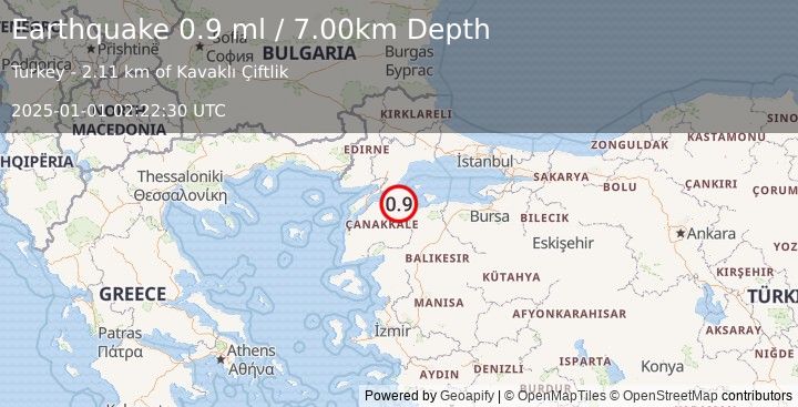 Earthquake WESTERN TURKEY (0.9 ml) (2025-01-01 02:22:30 UTC)