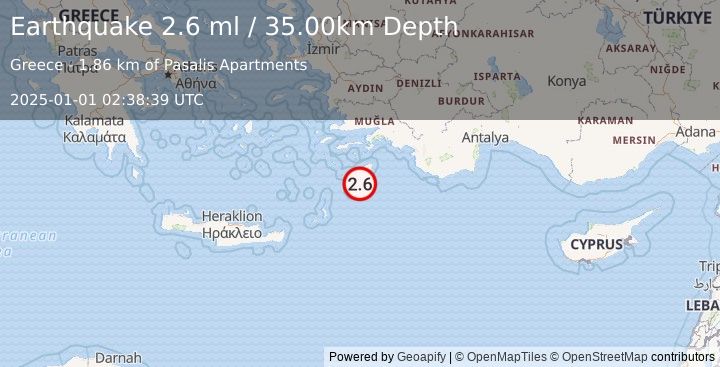 Earthquake DODECANESE IS.-TURKEY BORDER REG (2.6 ml) (2025-01-01 02:38:39 UTC)