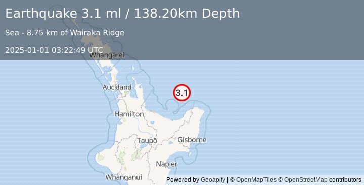 Earthquake OFF E. COAST OF N. ISLAND, N.Z. (3.1 ml) (2025-01-01 03:22:49 UTC)