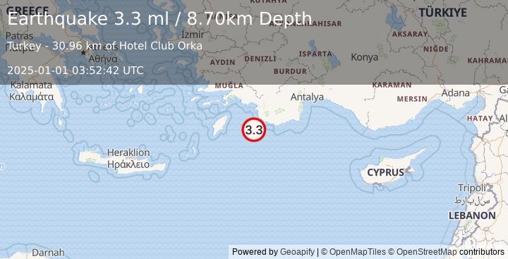 Earthquake WESTERN TURKEY (3.3 ml) (2025-01-01 03:52:42 UTC)