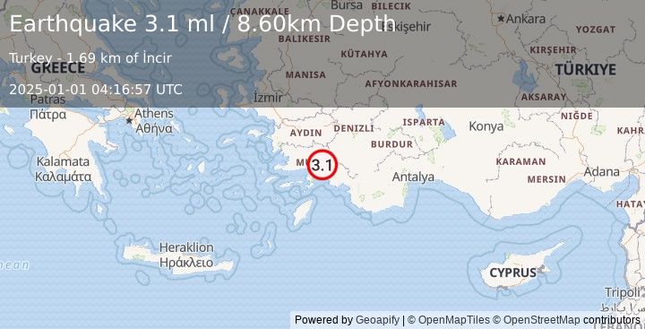 Earthquake WESTERN TURKEY (3.1 ml) (2025-01-01 04:16:57 UTC)