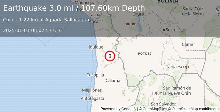 Earthquake TARAPACA, CHILE (3.0 ml) (2025-01-01 05:02:57 UTC)