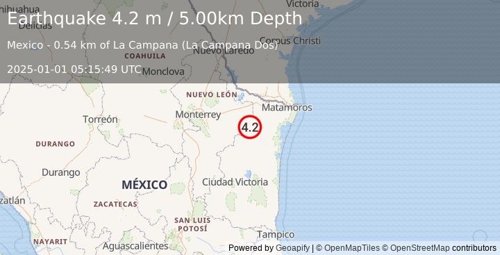 Earthquake NUEVO LEON, MEXICO (4.2 m) (2025-01-01 05:15:49 UTC)