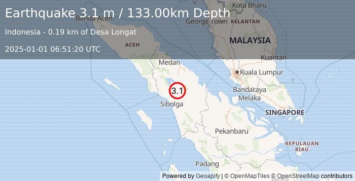 Earthquake NORTHERN SUMATRA, INDONESIA (3.1 m) (2025-01-01 06:51:20 UTC)