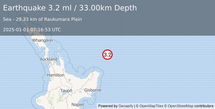 Earthquake OFF E. COAST OF N. ISLAND, N.Z. (3.2 ml) (2025-01-01 07:16:53 UTC)