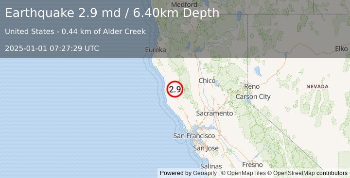 Earthquake NORTHERN CALIFORNIA (2.9 md) (2025-01-01 07:27:29 UTC)