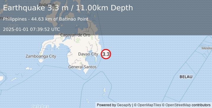 Earthquake MINDANAO, PHILIPPINES (3.3 m) (2025-01-01 07:39:52 UTC)