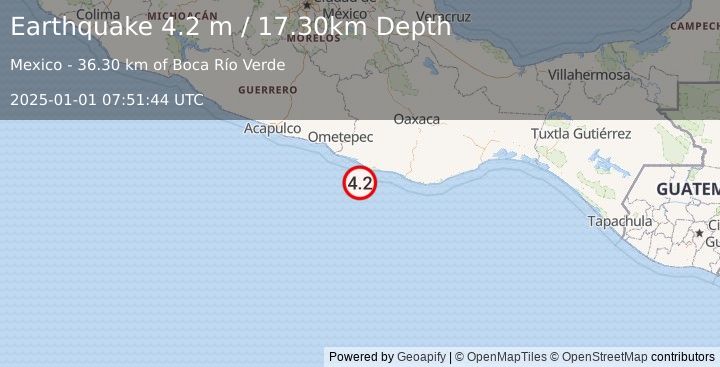 Earthquake OFFSHORE OAXACA, MEXICO (4.2 m) (2025-01-01 07:51:44 UTC)