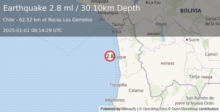 Earthquake OFFSHORE TARAPACA, CHILE (2.8 ml) (2025-01-01 08:14:29 UTC)