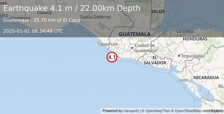 Earthquake OFFSHORE GUATEMALA (4.1 m) (2025-01-01 08:34:49 UTC)