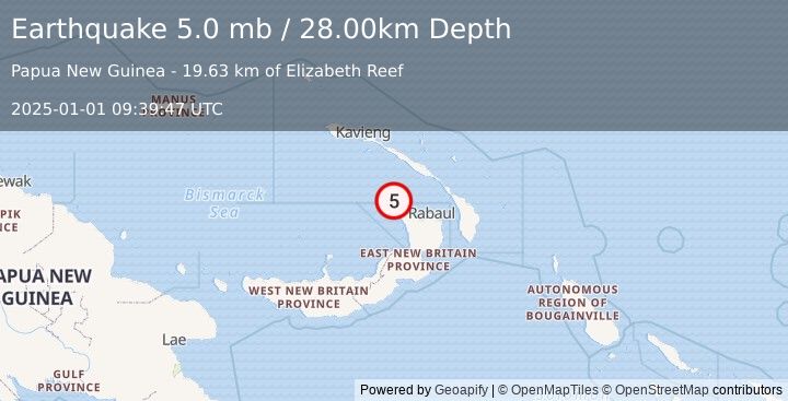 Earthquake NEW IRELAND REGION, P.N.G. (5.0 mw) (2025-01-01 09:39:42 UTC)