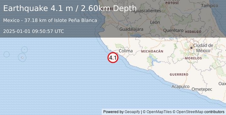 Earthquake OFFSHORE COLIMA, MEXICO (4.1 m) (2025-01-01 09:50:57 UTC)