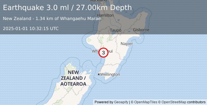 Earthquake NORTH ISLAND OF NEW ZEALAND (3.0 ml) (2025-01-01 10:32:15 UTC)