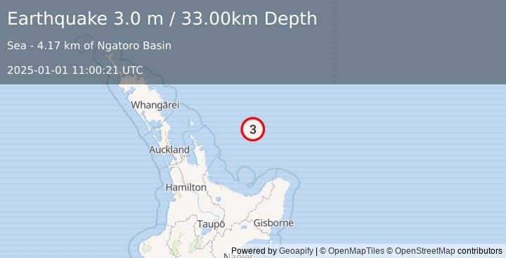 Earthquake OFF E. COAST OF N. ISLAND, N.Z. (3.0 m) (2025-01-01 11:00:21 UTC)