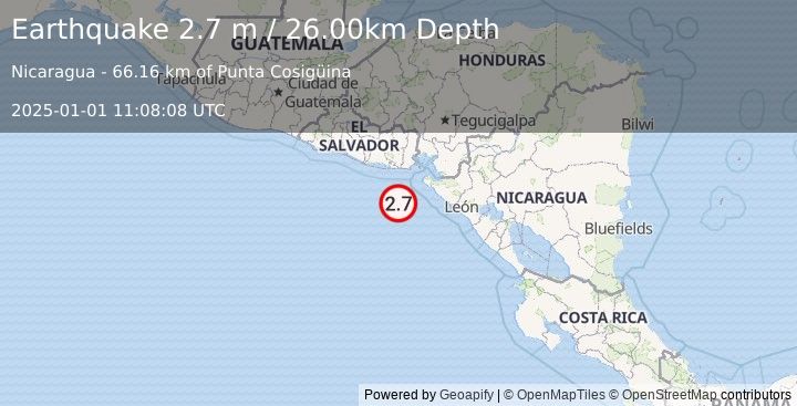 Earthquake NEAR COAST OF NICARAGUA (2.7 m) (2025-01-01 11:08:08 UTC)