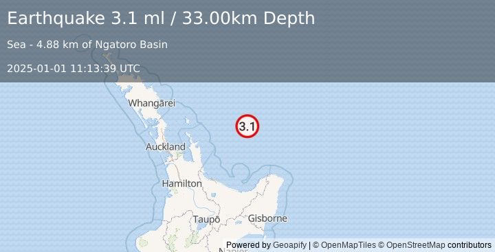 Earthquake OFF E. COAST OF N. ISLAND, N.Z. (3.1 ml) (2025-01-01 11:13:39 UTC)