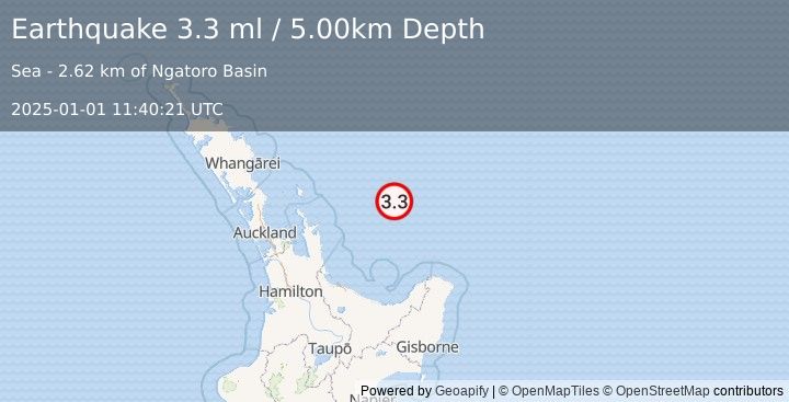 Earthquake OFF E. COAST OF N. ISLAND, N.Z. (3.3 ml) (2025-01-01 11:40:21 UTC)