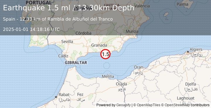 Earthquake STRAIT OF GIBRALTAR (1.5 ml) (2025-01-01 14:18:16 UTC)