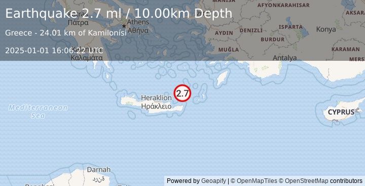 Earthquake CRETE, GREECE (2.7 ml) (2025-01-01 16:06:22 UTC)