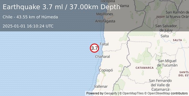 Earthquake OFF COAST OF ANTOFAGASTA, CHILE (3.7 ml) (2025-01-01 16:10:24 UTC)