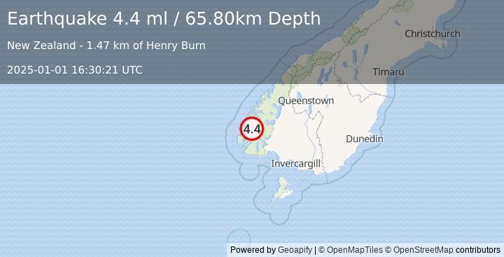 Earthquake OFF W. COAST OF S. ISLAND, N.Z. (4.4 ml) (2025-01-01 16:30:21 UTC)