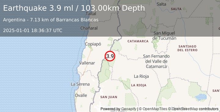 Earthquake LA RIOJA, ARGENTINA (3.9 ml) (2025-01-01 18:36:37 UTC)