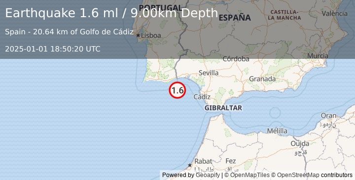 Earthquake STRAIT OF GIBRALTAR (1.6 ml) (2025-01-01 18:50:20 UTC)