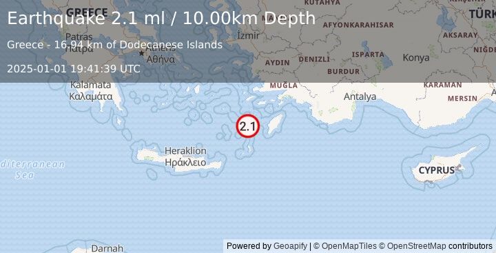 Earthquake DODECANESE IS.-TURKEY BORDER REG (2.1 ml) (2025-01-01 19:41:39 UTC)