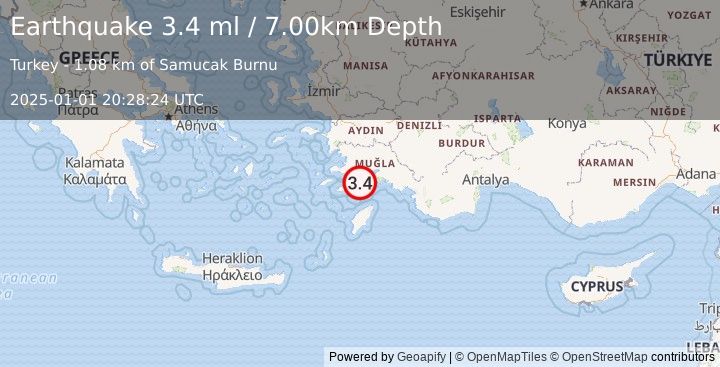 Earthquake DODECANESE IS.-TURKEY BORDER REG (3.4 ml) (2025-01-01 20:28:24 UTC)