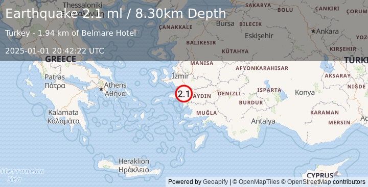 Earthquake WESTERN TURKEY (2.1 ml) (2025-01-01 20:42:22 UTC)