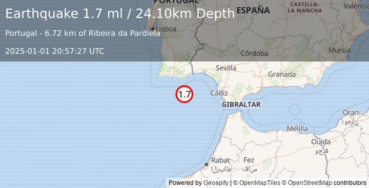 Earthquake STRAIT OF GIBRALTAR (1.7 ml) (2025-01-01 20:57:27 UTC)