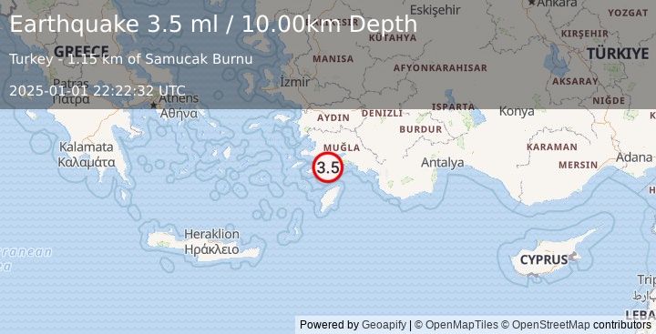 Earthquake DODECANESE IS.-TURKEY BORDER REG (3.4 ml) (2025-01-01 22:22:31 UTC)