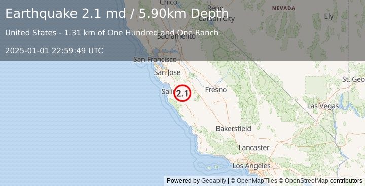 Earthquake CENTRAL CALIFORNIA (2.1 md) (2025-01-01 22:59:49 UTC)