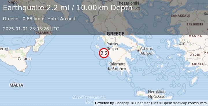 Earthquake SOUTHERN GREECE (2.2 ml) (2025-01-01 23:03:26 UTC)