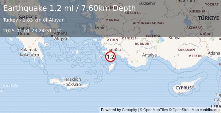 Earthquake DODECANESE IS.-TURKEY BORDER REG (1.2 ml) (2025-01-01 23:24:51 UTC)