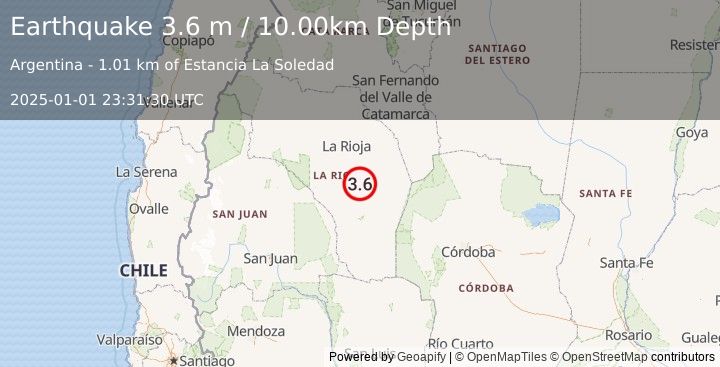 Earthquake LA RIOJA, ARGENTINA (3.6 m) (2025-01-01 23:31:30 UTC)