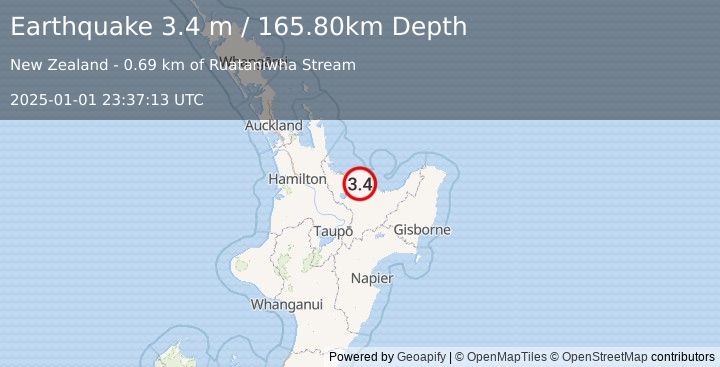 Earthquake NORTH ISLAND OF NEW ZEALAND (3.4 m) (2025-01-01 23:37:13 UTC)