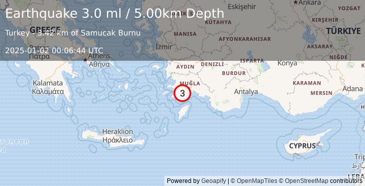 Earthquake DODECANESE IS.-TURKEY BORDER REG (3.0 ml) (2025-01-02 00:06:44 UTC)