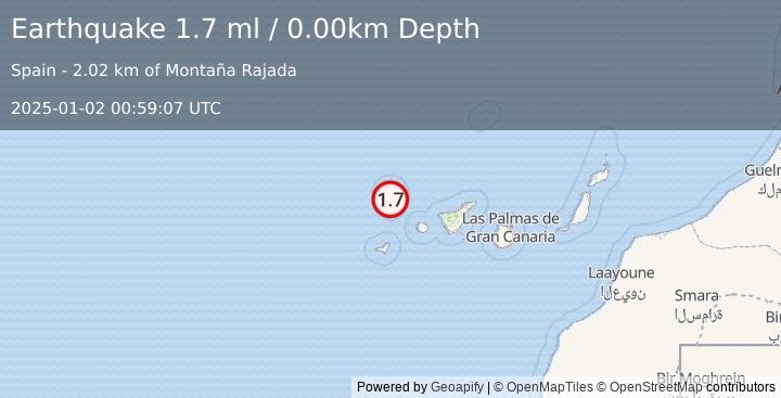 Earthquake CANARY ISLANDS, SPAIN REGION (1.7 ml) (2025-01-02 00:59:07 UTC)